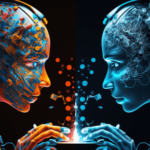 Colorful human and ai concept faces building something together